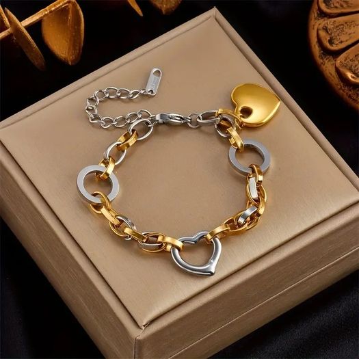 Love Heart Silver Gold Charm Bracelet