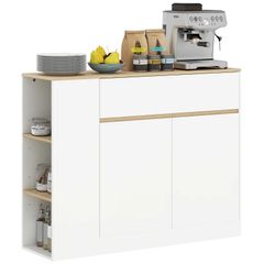 Sideboard, large cabinet compartment, 3 shelf compartments, drawer, 105 x 30 x 81.5cm, White/Wood