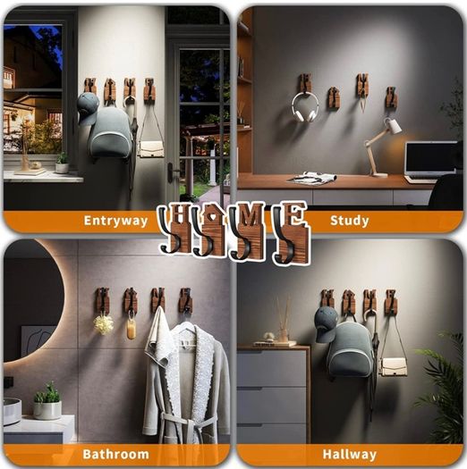 Coat Hooks Wall Mounted, 4 Pack Wooden Coat Hooks with 2 Install Ways, Natural Wood Coat Hooks for Wall to Hang Clothes, Coat, Towel, Keys, 4 Screws, 4 Double-Sided Patchs, Brown (FREE POSTAGE)