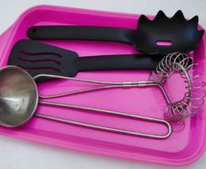 IKEA Duktig play kitchen 4 peice utensil set & pink plastic tray