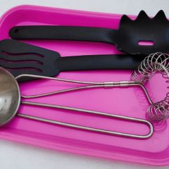 IKEA Duktig play kitchen 4 peice utensil set & pink plastic tray