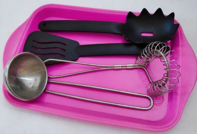 IKEA Duktig play kitchen 4 peice utensil set & pink plastic tray