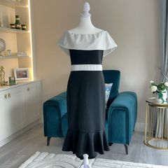 Ladies Black & Cream of the Shoulder Dress from Quiz. Size UK 16 / EU 44
