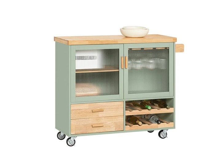 Kitchen Trolley with Wine Rack and Glass Holder Green Country Style Kitchen Island on Wheels Elegant Sideboard