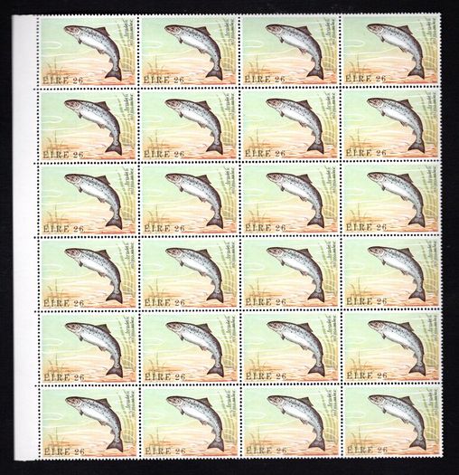 1982 Ireland Fauna & Flora: Fish Commemorative Stamps Marginal Block of 24 Mint Never Hinged (MNH).