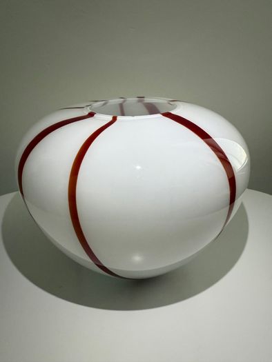 Large White & Red Studio Art Glass Vase
