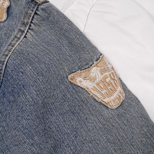 Superfly Patched Distressed Blue Denim Trucker Jacket Size L