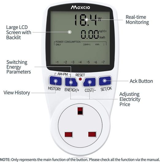 Dual Tariffs Electricity Usage Monitor Power Meter Energy UK Plug with Backlight, Maxcio Upgrade Watt Meter Power Consumption Analyzer, Voltage Amps Wattage KWH Energy Saving Meter Outlet Socket 2P