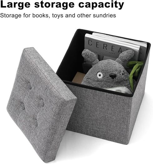 NEW SALE | Storage Bench Padded Foldable Storage Box with Lid Foot Stool with Storage for Kids Toys Bedroom Hallway Living Room Grey 30x30x30cm