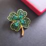Lucky Clover Leaf Irish Brooch Green Shamrock Four Leaf Clover Crystal Pin Badge Image 3