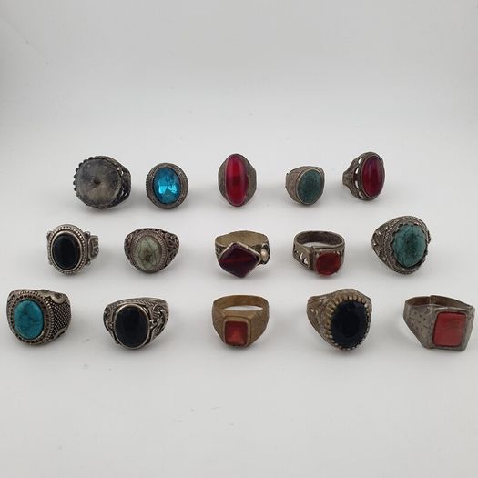 Antique Style Ring Collection 15 Mixed Brass, Glass & Stone Rings