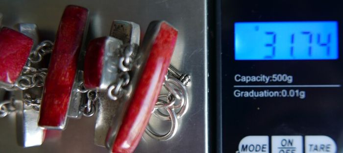 Vintage Red Fossilized Coral .925 Sterling Silver handcrafted Large Bali Bracelet and Red Coral Horn Pendant Necklace