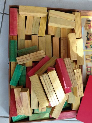 Vintage box of wooden blocks to make buildings
