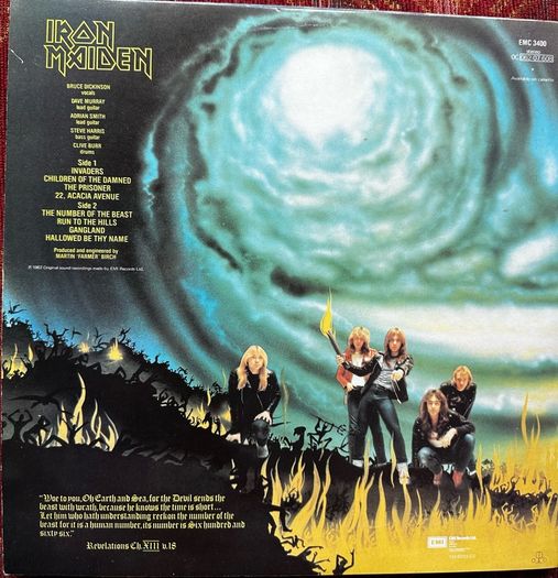 Iron Maiden. Irish release The number of the beast. Outer sleeve is vg+ inner sleeve is vg with some small age marks on 1 side. Vinyl is vg with some light wispy scuff marks and writing on 1 label