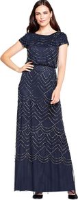Adrianna Papell Women's Beaded Short Sleeve Blouson Dress Formal Evening Gown, Navy, 34 EU / XS