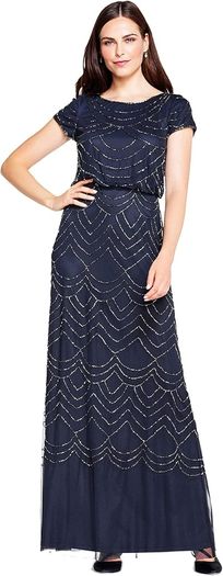 Adrianna Papell Women's Beaded Short Sleeve Blouson Dress Formal Evening Gown, Navy, 34 EU / XS