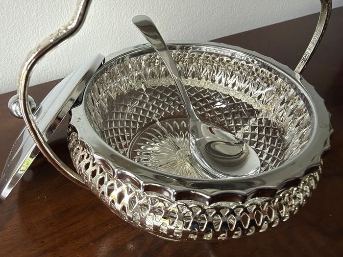 Vintage Glass Preserve / Jam Bowl with Metal Basket, Lid & Spoon