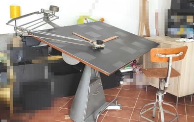 Antique Architectural Drawing table and Stool Made by UNIC of Paris and complete parallel bar and ruler