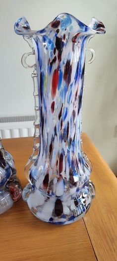 Set 2 Vintage Murano Tall Blue Carnival Confetti Vase With Ruffled Top, Hand Blown Blue Speckled Glass Vessel, Mid Century Italian Vase