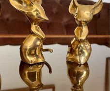 Two Vintage Stylised Big Eared Brass Mouse Figurines Brass Mice Ornaments 1970s