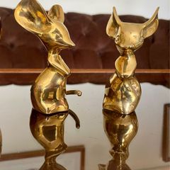 Two Vintage Stylised Big Eared Brass Mouse Figurines Brass Mice Ornaments 1970s