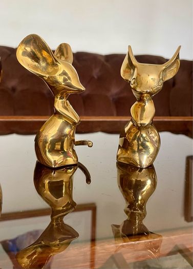 Two Vintage Stylised Big Eared Brass Mouse Figurines Brass Mice Ornaments 1970s