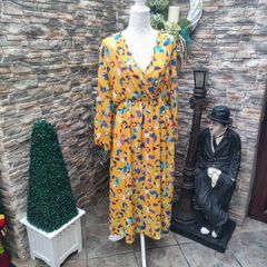 Boohoo Plus size mustard yellow midi with purple and blue print uk 18