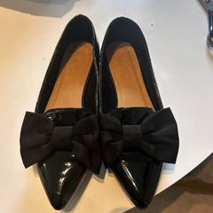 ASOS black patent pumps with bow