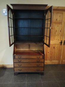 Antique 4 drawer wooden/glass cabinet with desk. OPEN TO OFFERS