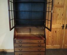 Antique 4 drawer wooden/glass cabinet with desk. OPEN TO OFFERS