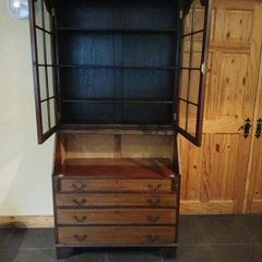 Antique 4 drawer wooden/glass cabinet with desk. OPEN TO OFFERS