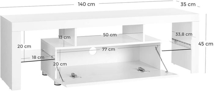 _TV table for TVs up to 60 inches, large TV cabinet, TV cabinet, TV shelf with LED lighting, lowboard, living room, 140 x 35 x 45 cm, modern, glossy, white