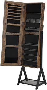 _Jewelry Cabinet on Legs, 3-in-1 Cosmetic Storage Cabinet, with Mirror, Mesh Shelf, Lock, Metal Frame, Industrial Style, Rustic Brown and Black