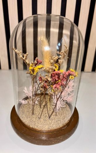 Dried Wildflower Arrangement under Glass Dome w/ Wooden Base