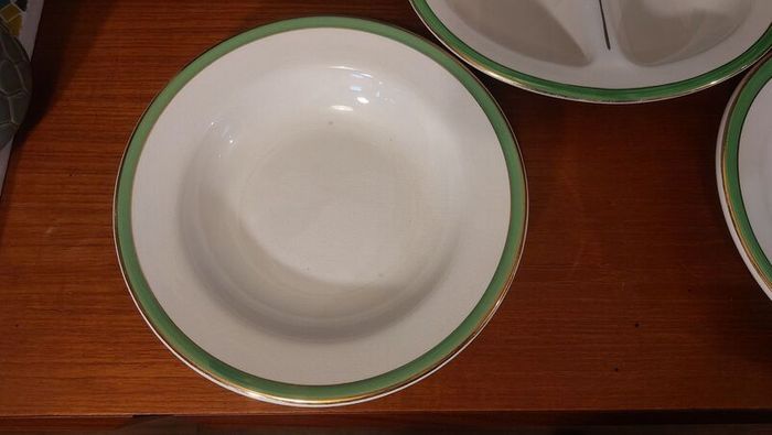 Vintage Divided Serving Bowl and a Matching Pair of Arklow Pottery Green and Gilt Rimmed 9.5" Rimmed Soup Bowls, Price for  All!