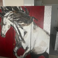 Original Triptych Mixed-Media Painting on Wood with Embossed Foil Panel