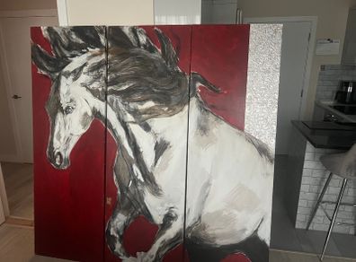 Original Triptych Mixed-Media Painting on Wood with Embossed Foil Panel