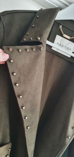 MADISON khaki midi length coat with stud detail open front with tie Sz L (12-16 UK) - Rrp 289 (New)