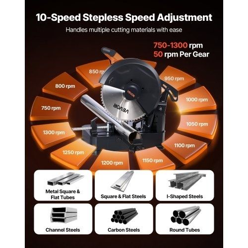 Chop Saw, 355 mm Stainless Steel Cold Cut Blade, 3500 W Powerful Brushless Motor, 750-1200 r/min Adjustable Speed, Metal Cutting Chop Saw for Metal Square and Flat Tubes, I-Shaped Steels