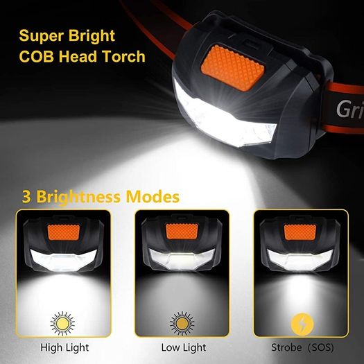 LED Head Torch, [2 Pack] COB Headlamp Super Bright Headlight, Adjustable with 3 Modes, Lightweight for Running, Camping, Fishing (FREE POSTAGE)