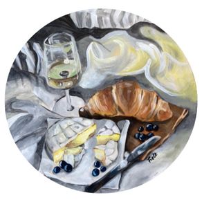 Original Acrylic Painting Art Breakfast Food Elegant Circle Round Canvas
