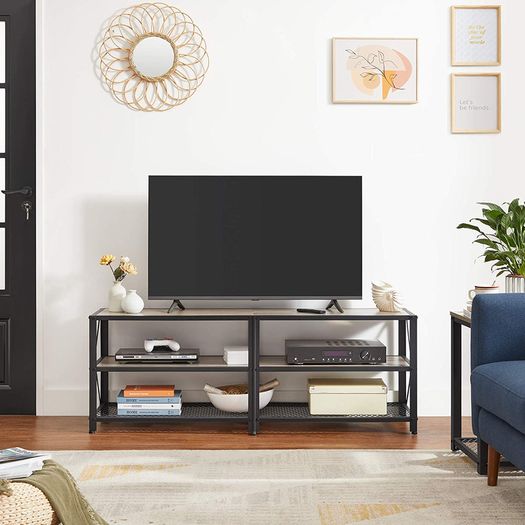 _TV Cabinet, TV Table, Lowboard for TVs up to 60 inches, TV Cabinet with Shelves, Steel Frame, TV Shelf for Living Room, Bedroom, Greige-Black