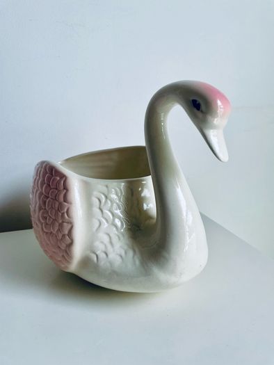 Vintage Style Pink & White Ceramic Swan Planter Vase 21cm