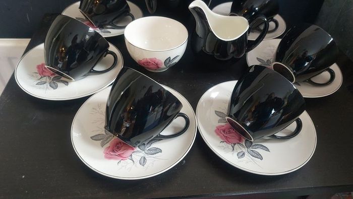 Stunning Vintage MCM 1950's Coffee Set for Six, Including Coffee Pot, by Johnson Bros, in Black and Cream with Pink Rose Detailing and Platinum Gilt Design