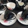 Stunning Vintage MCM 1950's Coffee Set for Six, Including Coffee Pot, by Johnson Bros, in Black and Cream with Pink Rose Detailing and Platinum Gilt Design Image 4