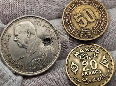 Monaco 1947 20 Francs Coin and Maroco Coins x2