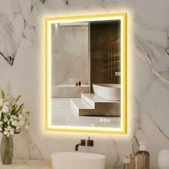 LED Bathroom Mirror with Aluminum Frame, 500x700mm Illuminated Bathroom Mirror with Touch/Demister/ 3-Color Dimmable, Bathroom Wall-Mounted, Horizontal/Vertical, Gold