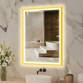 LED Bathroom Mirror with Aluminum Frame, 500x700mm Illuminated Bathroom Mirror with Touch/Demister/ 3-Color Dimmable, Bathroom Wall-Mounted, Horizontal/Vertical, Gold