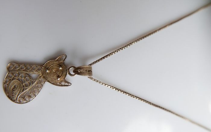 Vintage Sterling Silver 925 Cat Pendant and Sterling Chain length 16" - 2,95g