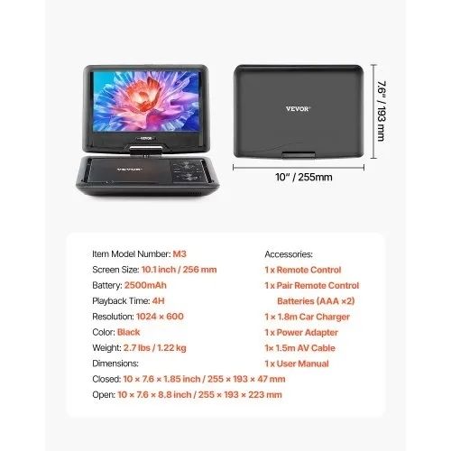 10.1 inch HD Swivel Display Screen, 4 Hours Built-in Rechargeable Battery, Dual Speakers, Support Sync TV/USB/SD Card/CD/DVD, Car Charger, AC Power Adapter, Remote Control